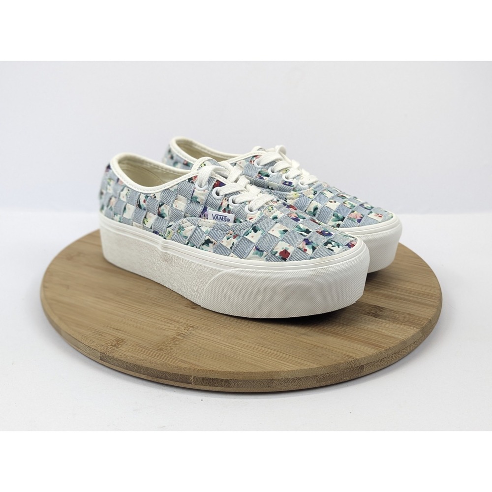 Vans Stacked Era Platform Shoes Womans 6.5 Woven Checkered Floral‎ Blue White